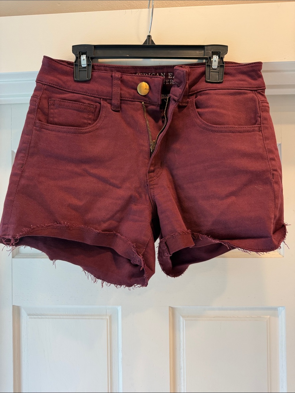 American Eagle Outfitters Maroon High-Rise Frayed Hem Jean Shorts